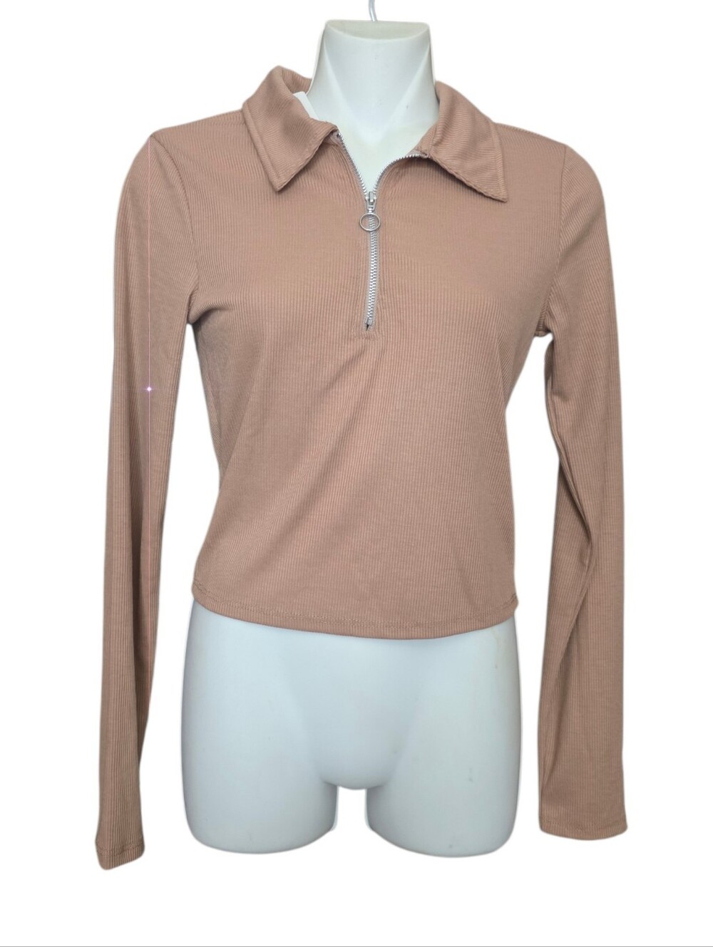 New Pink Rose Ribbed Half-Zip Long Sleeve Top in Camel